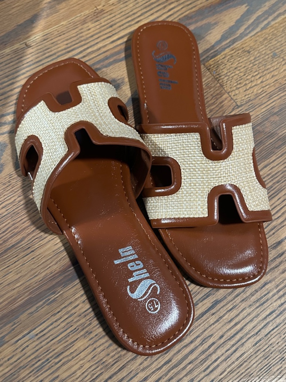 SHEIN Brown & Natural Raffia H-Cut Slide Sandals
